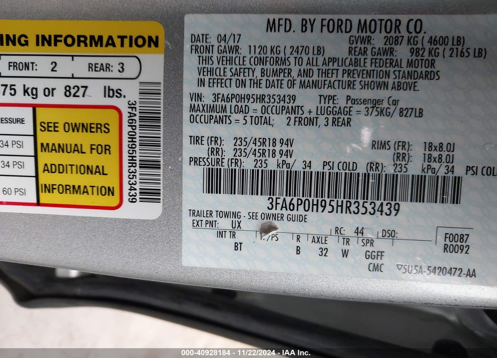 2017 FORD FUSION SE VIN: 3FA6P0H95HR353439
