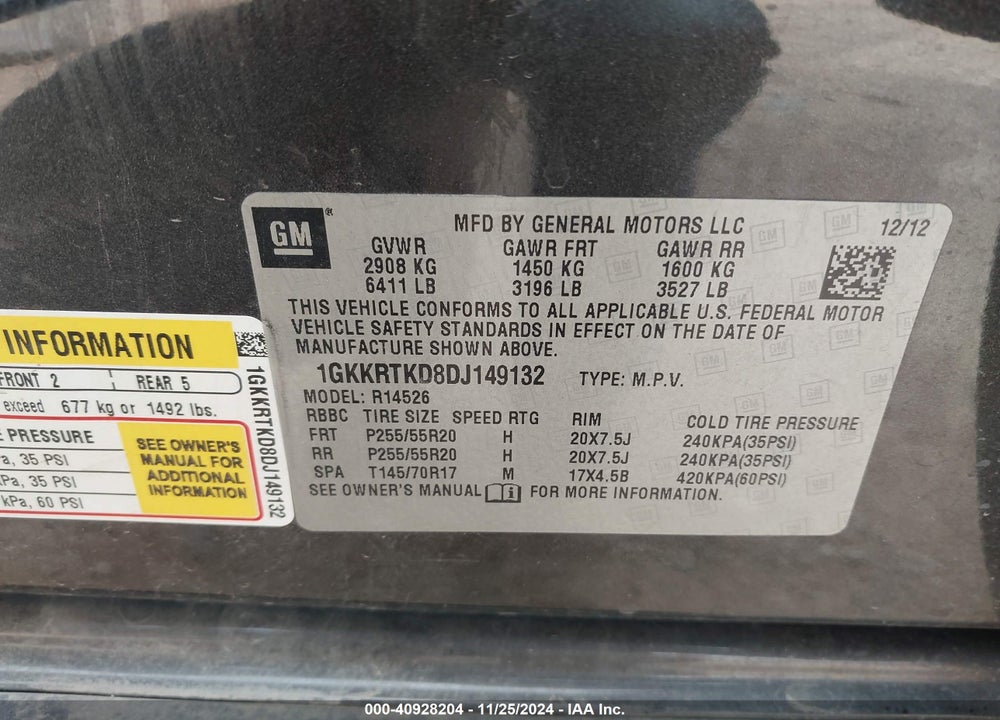 2013 GMC ACADIA DENALI VIN: 1GKKRTKD8DJ149132