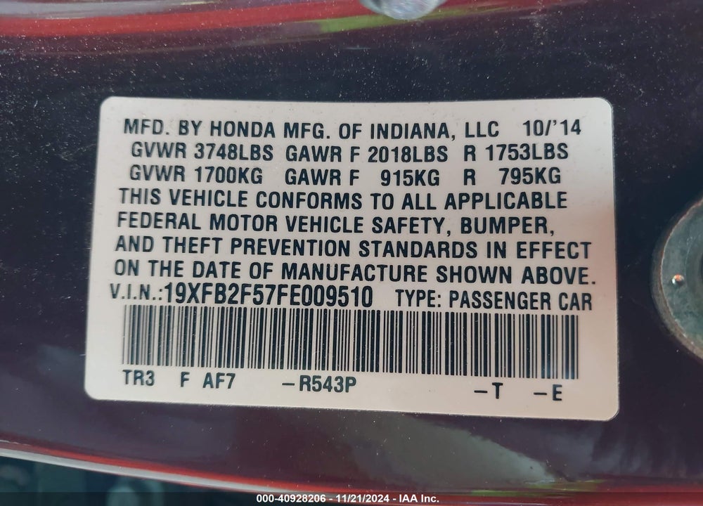2015 HONDA CIVIC LX VIN: 19XFB2F57FE009510