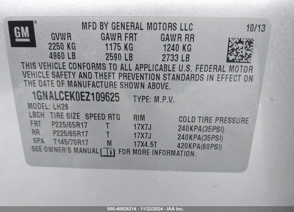 2014 CHEVROLET EQUINOX 2LT VIN: 1GNALCEK0EZ109625