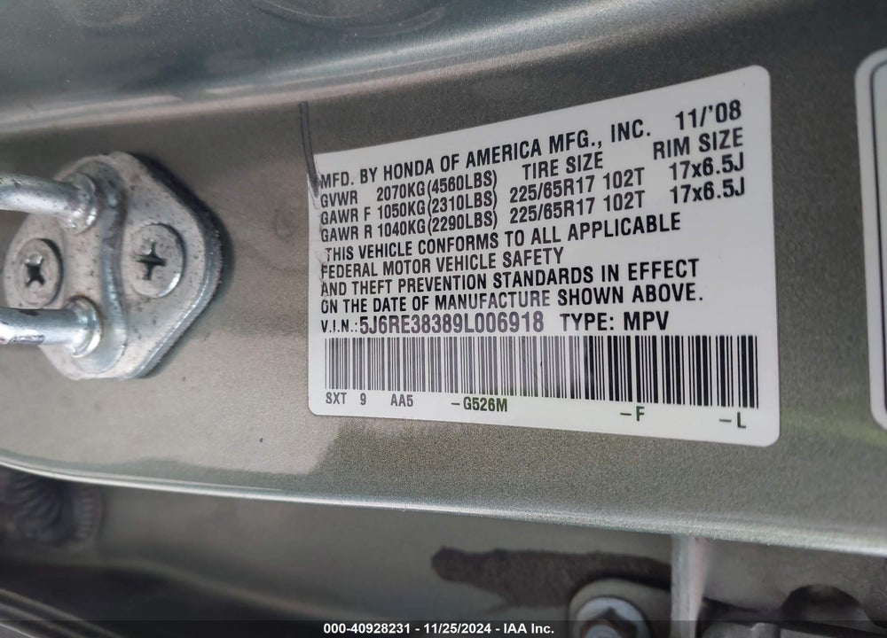2009 HONDA CR-V LX VIN: 5J6RE38389L006918