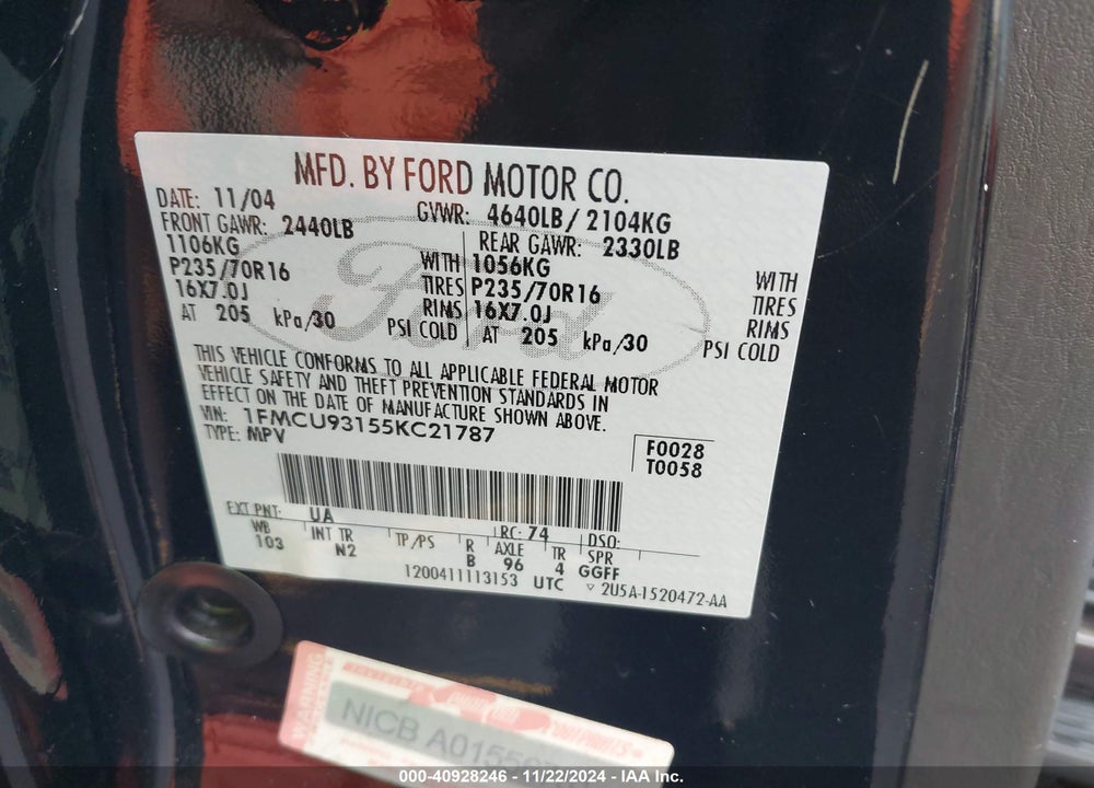 2005 FORD ESCAPE XLT VIN: 1FMCU93155KC21787