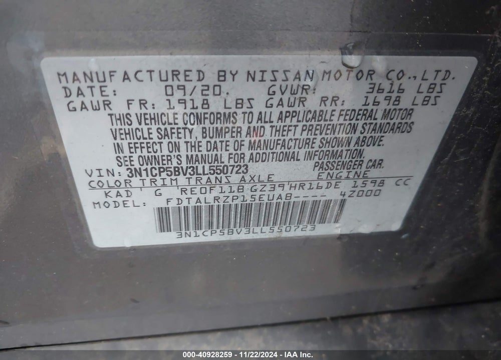 2020 NISSAN KICKS S XTRONIC CVT VIN: 3N1CP5BV3LL550723