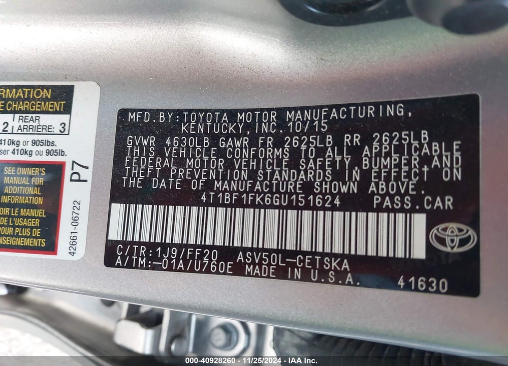 2016 TOYOTA CAMRY SE VIN: 4T1BF1FK6GU151624