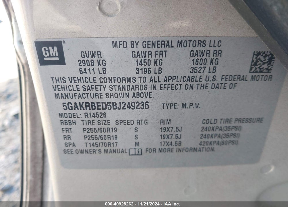2011 BUICK ENCLAVE VIN: 5GAKRBED5BJ249236