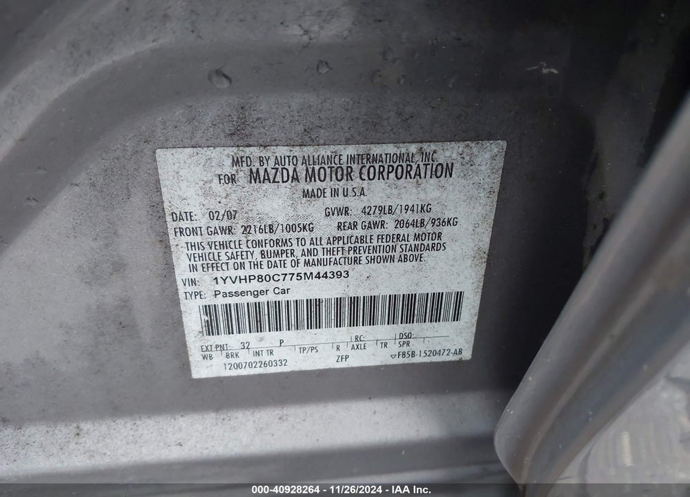 2007 MAZDA 6 I SPORT VE VIN: 1YVHP80C775M44393