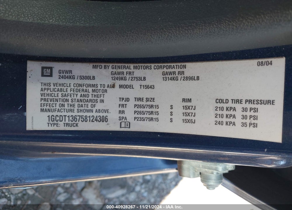 2005 CHEVROLET COLORADO LS VIN: 1GCDT136758124306