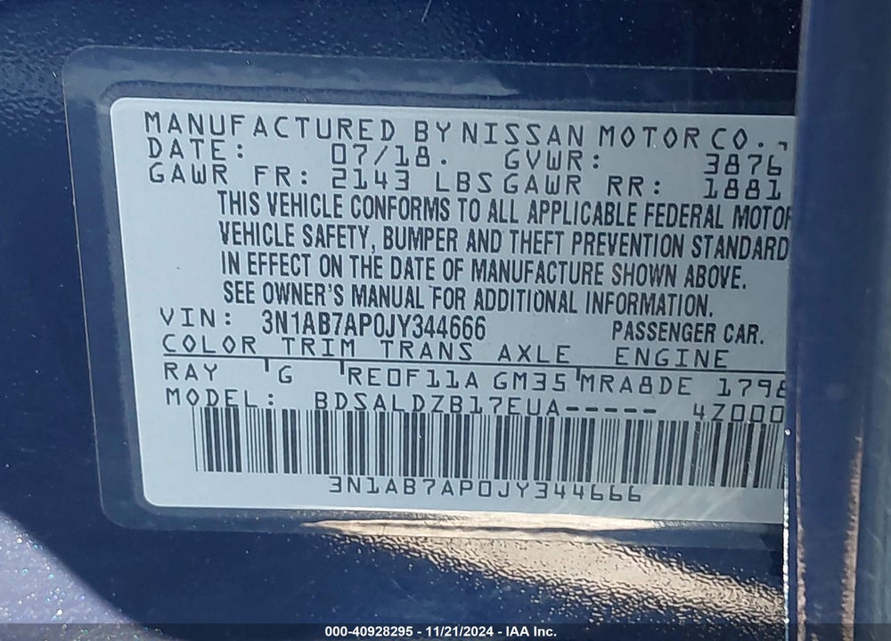 2018 NISSAN SENTRA VIN: 3N1AB7AP0JY344666