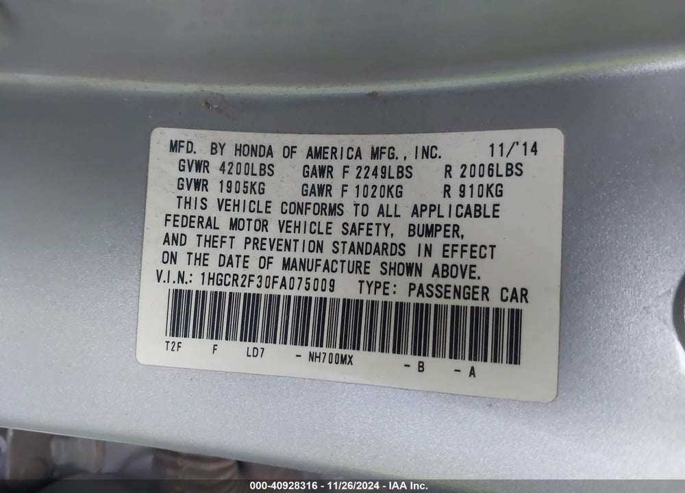 2015 HONDA ACCORD LX VIN: 1HGCR2F30FA075009