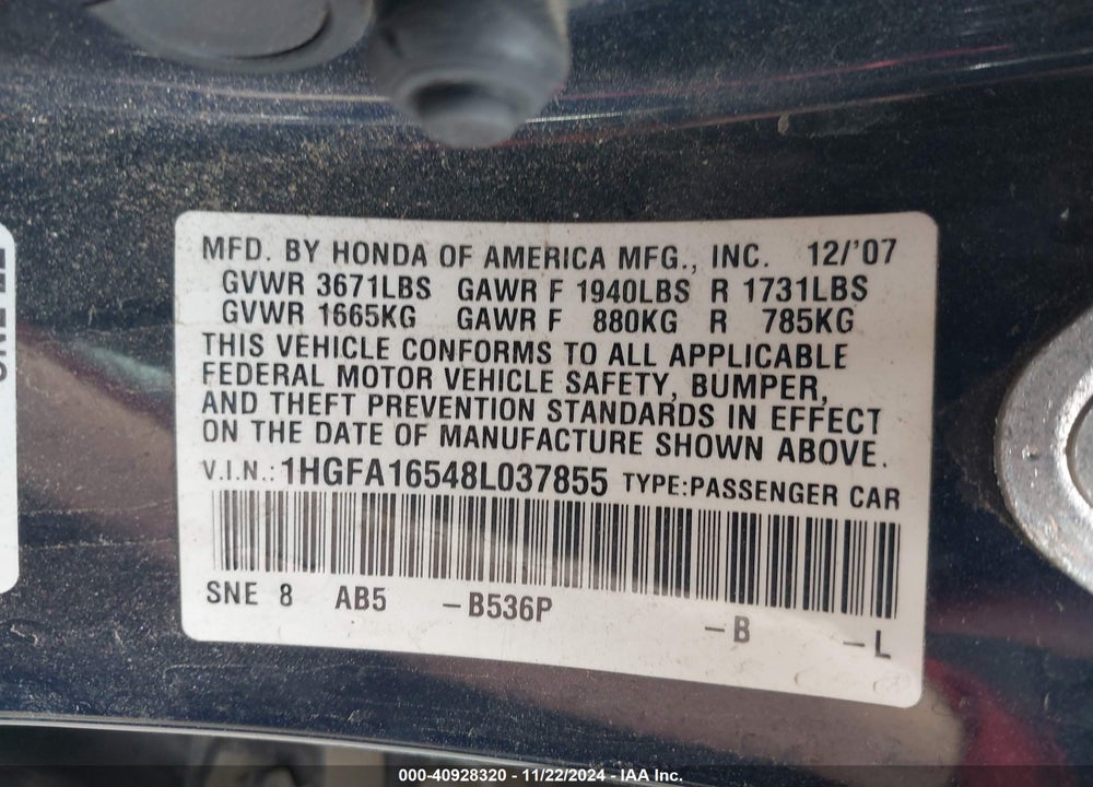 2008 HONDA CIVIC LX VIN: 1HGFA16548L037855