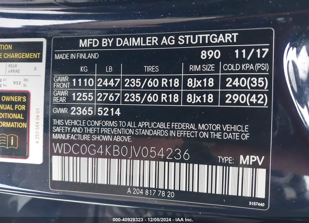 2018 MERCEDES-BENZ GLC 300 4MATIC VIN: WDC0G4KB0JV054236