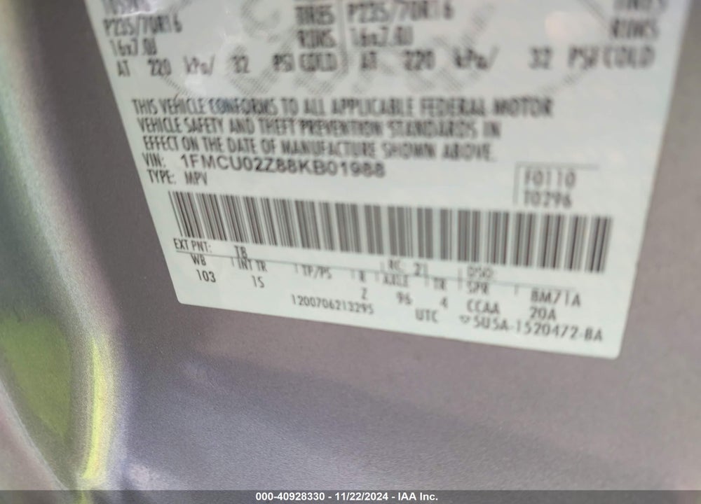 2008 FORD ESCAPE XLS/XLS MANUAL VIN: 1FMCU02Z88KB01988