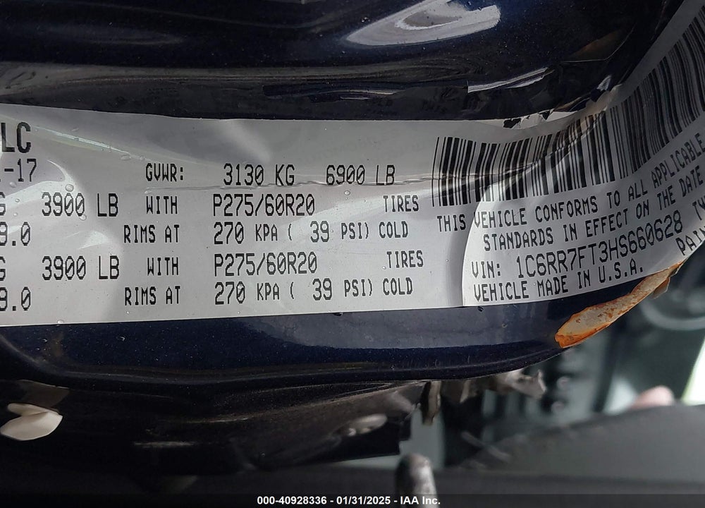 2017 RAM 1500 VIN: 1C6RR7FT3HS660628
