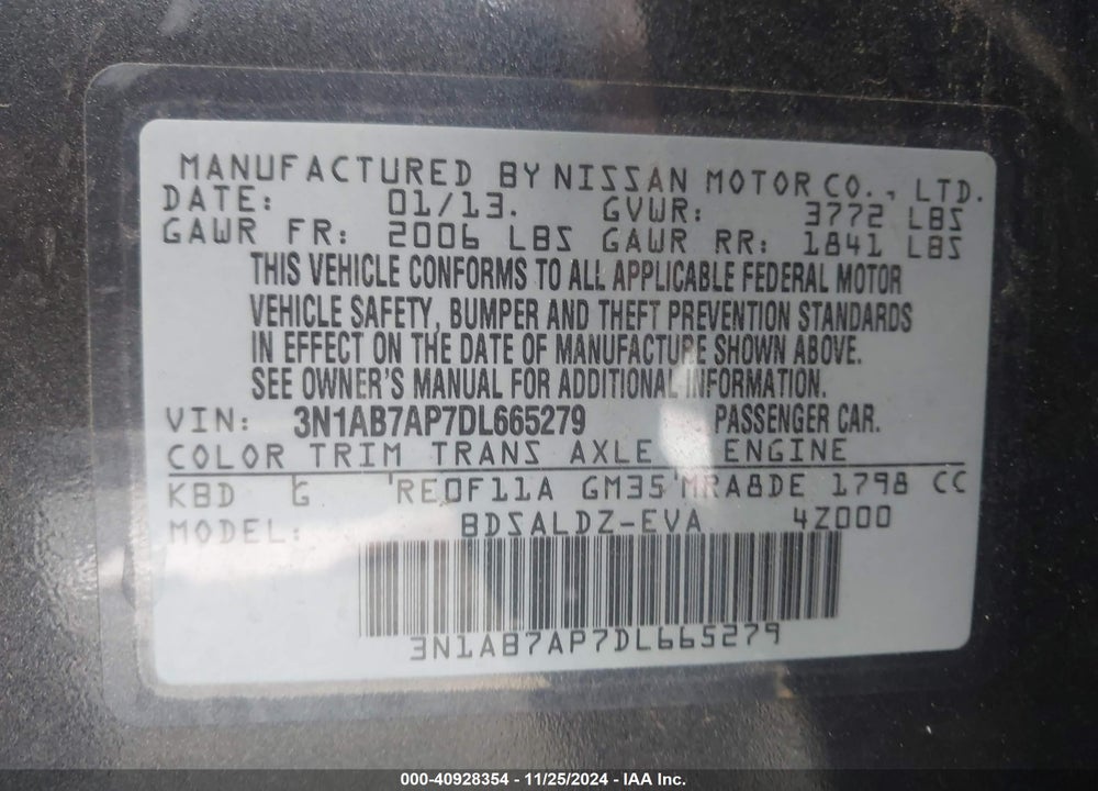 2013 NISSAN SENTRA SV VIN: 3N1AB7AP7DL665279