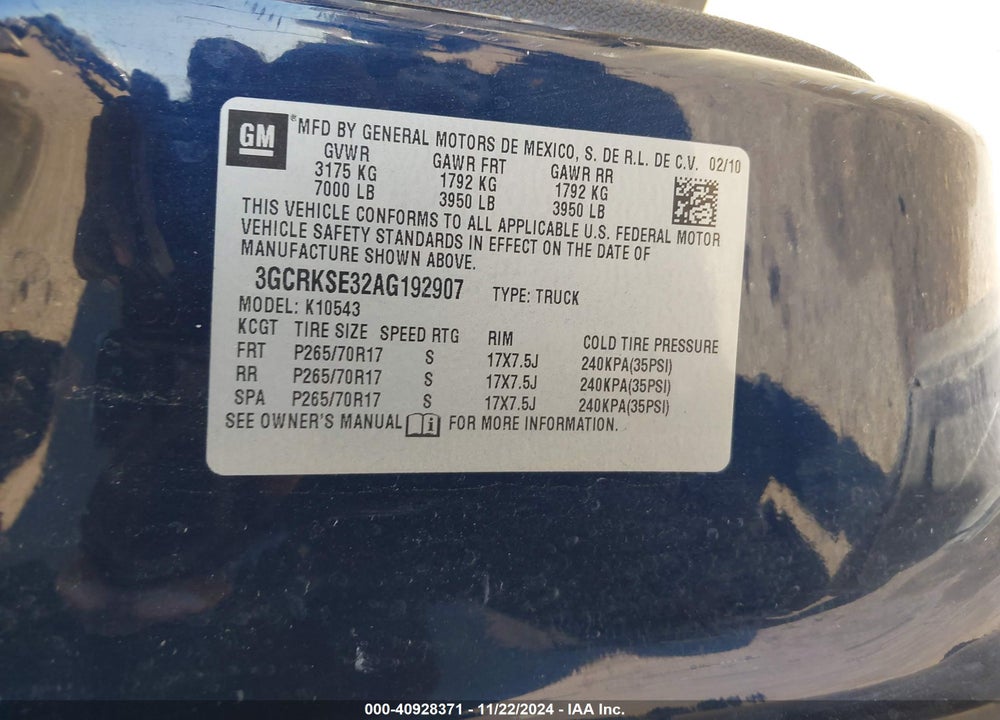 2010 CHEVROLET SILVERADO 1500 LT VIN: 3GCRKSE32AG192907