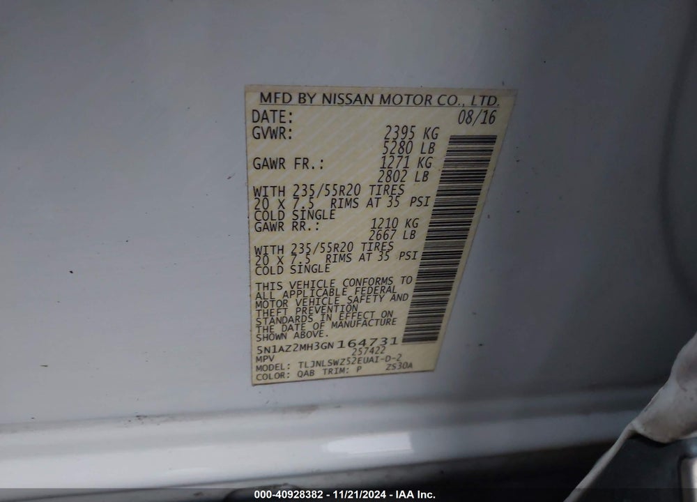 2016 NISSAN MURANO PLATINUM VIN: 5N1AZ2MH3GN164731