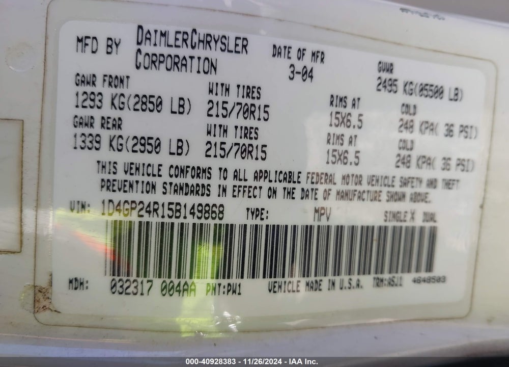 2005 DODGE GRAND CARAVAN SE VIN: 1D4GP24R15B149868