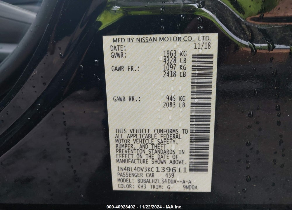 2019 NISSAN ALTIMA 2.5 SV VIN: 1N4BL4DV3KC139611
