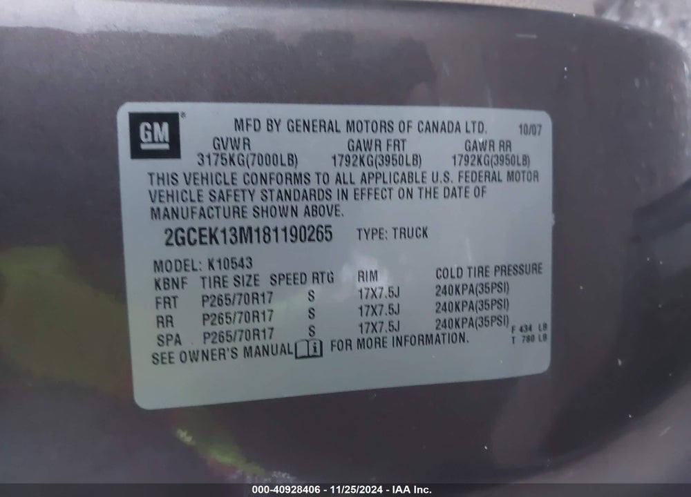 2008 CHEVROLET SILVERADO 1500 VIN: 2GCEK13M181190265