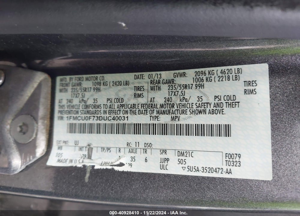2013 FORD ESCAPE S VIN: 1FMCU0F73DUC40031