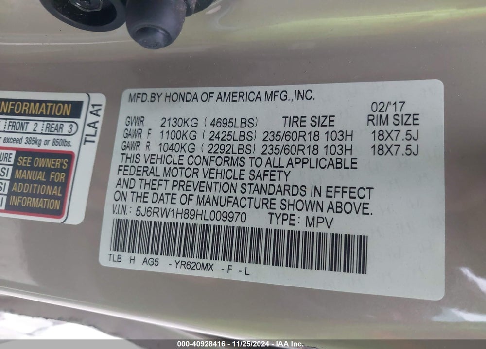 2017 HONDA CR-V EX-L/EX-L NAVI VIN: 5J6RW1H89HL009970