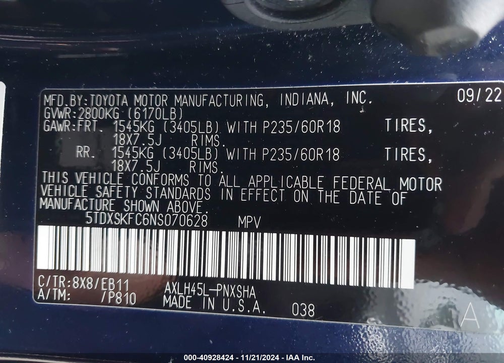 2022 TOYOTA SIENNA XSE VIN: 5TDXSKFC6NS070628
