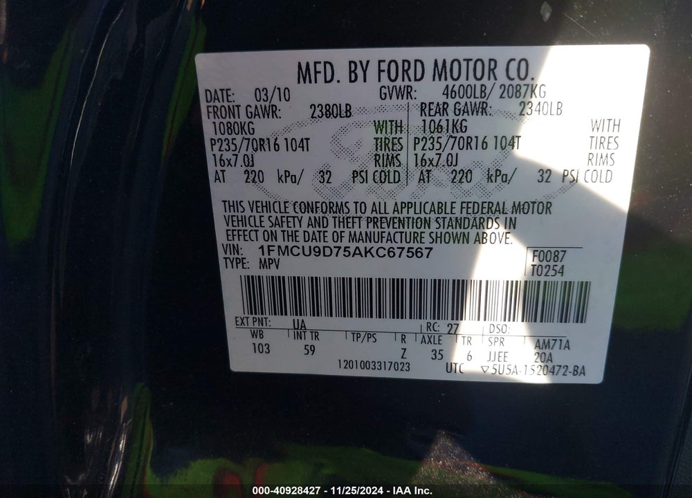2010 FORD ESCAPE XLT VIN: 1FMCU9D75AKC67567