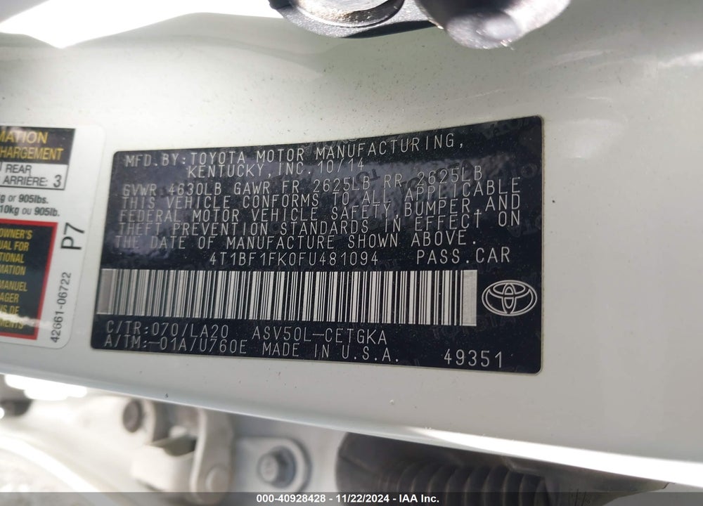 2015 TOYOTA CAMRY XLE VIN: 4T1BF1FK0FU481094