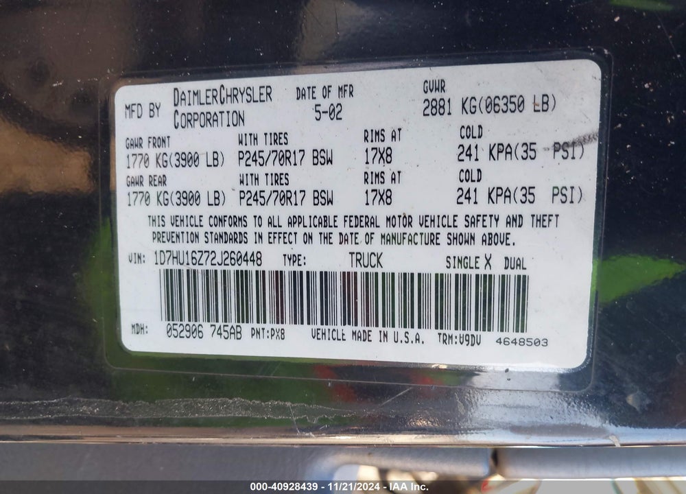 2002 DODGE RAM 1500 ST VIN: 1D7HU16Z72J260448