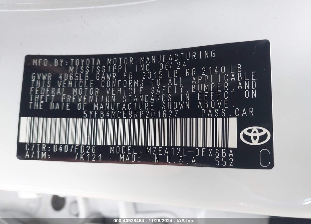 2024 TOYOTA COROLLA NIGHTSHADE EDITION VIN: 5YFB4MCE8RP201627