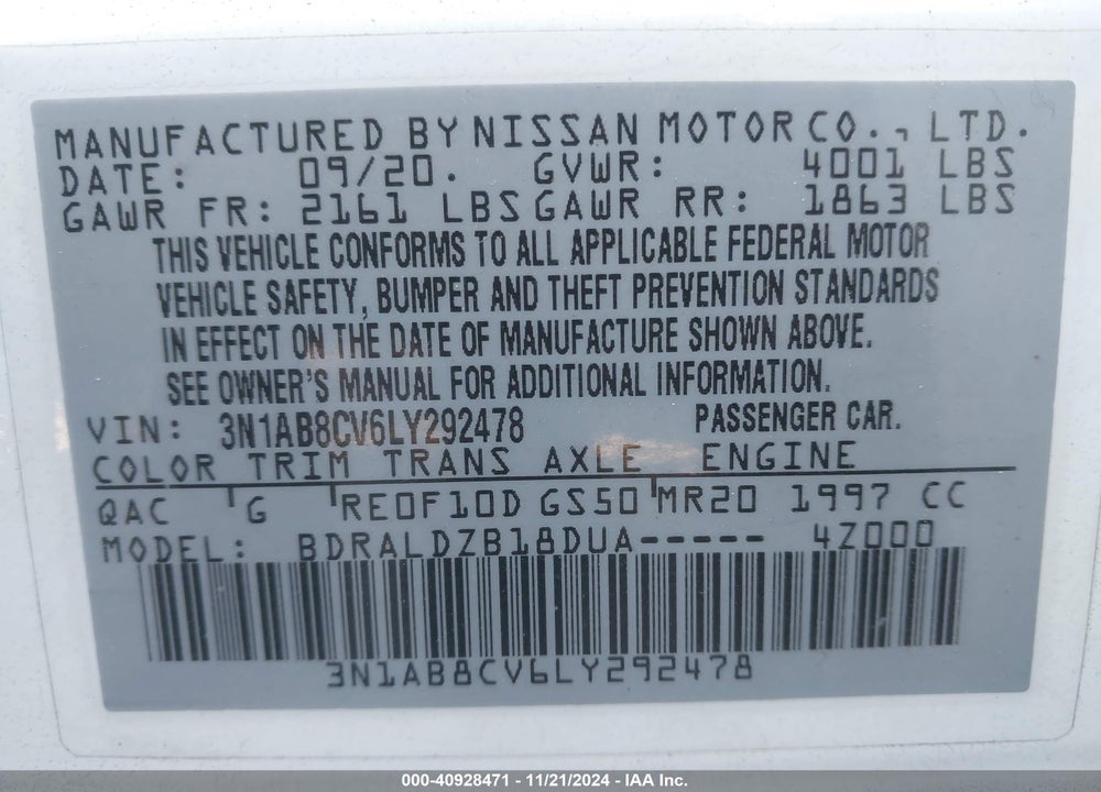 2020 NISSAN SENTRA VIN: 3N1AB8CV6LY292478