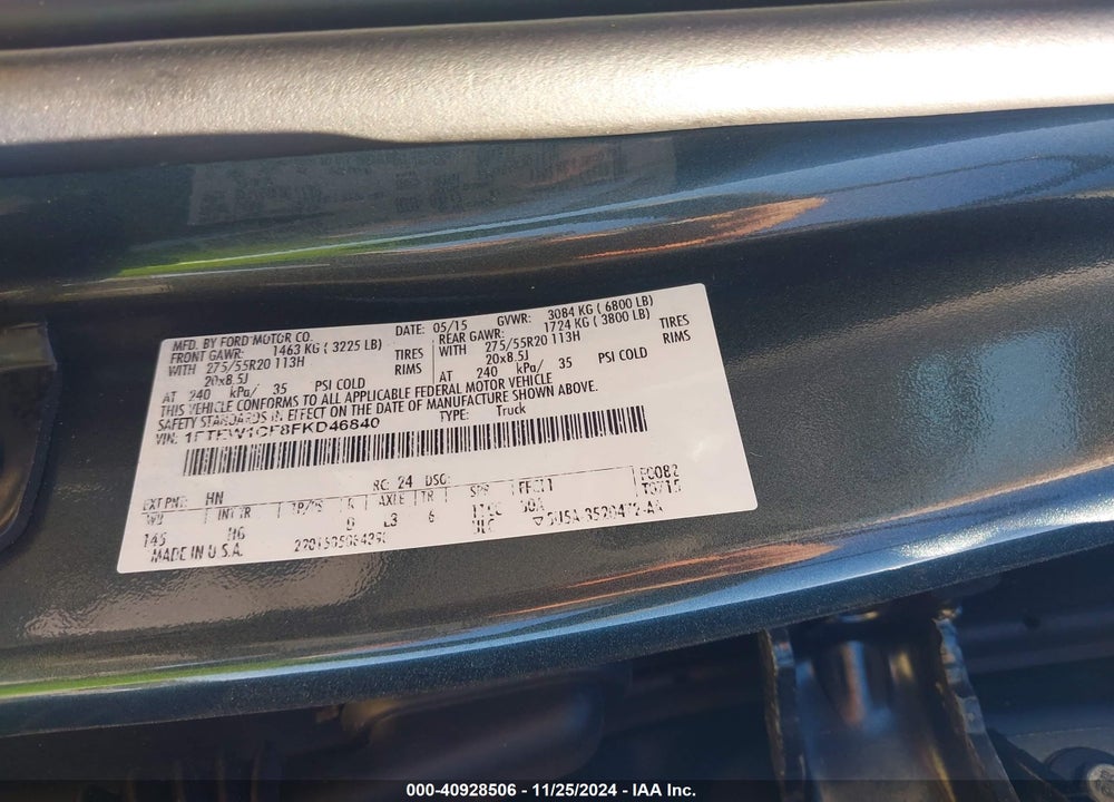 2015 FORD F150 VIN: 1FTEW1CF8FKD46840