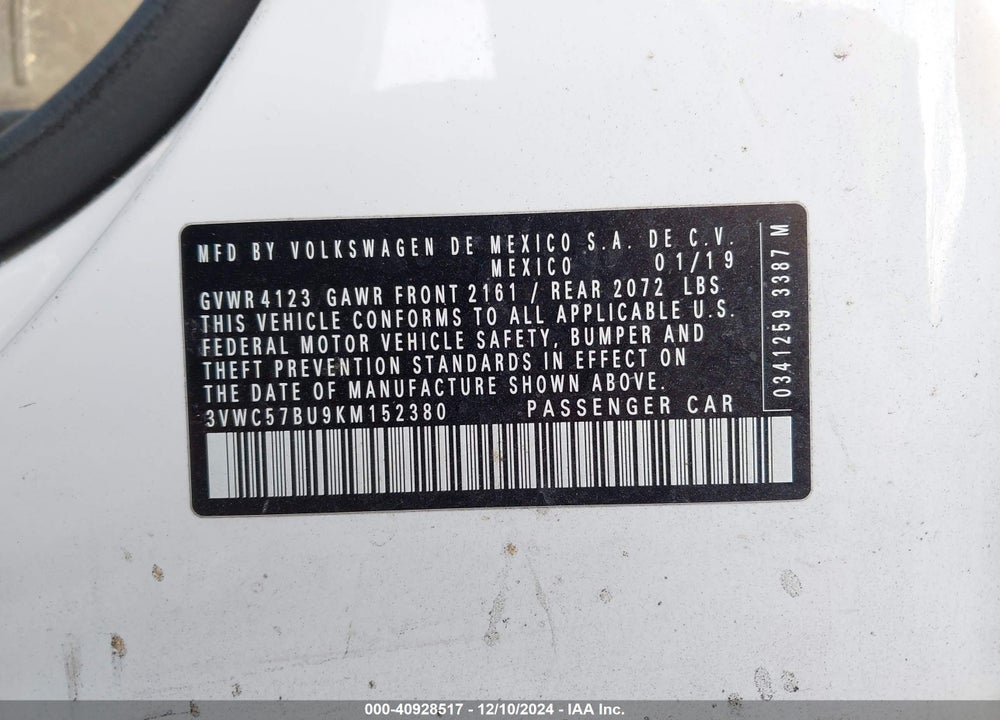 2019 VOLKSWAGEN JETTA VIN: 3VWC57BU9KM152380