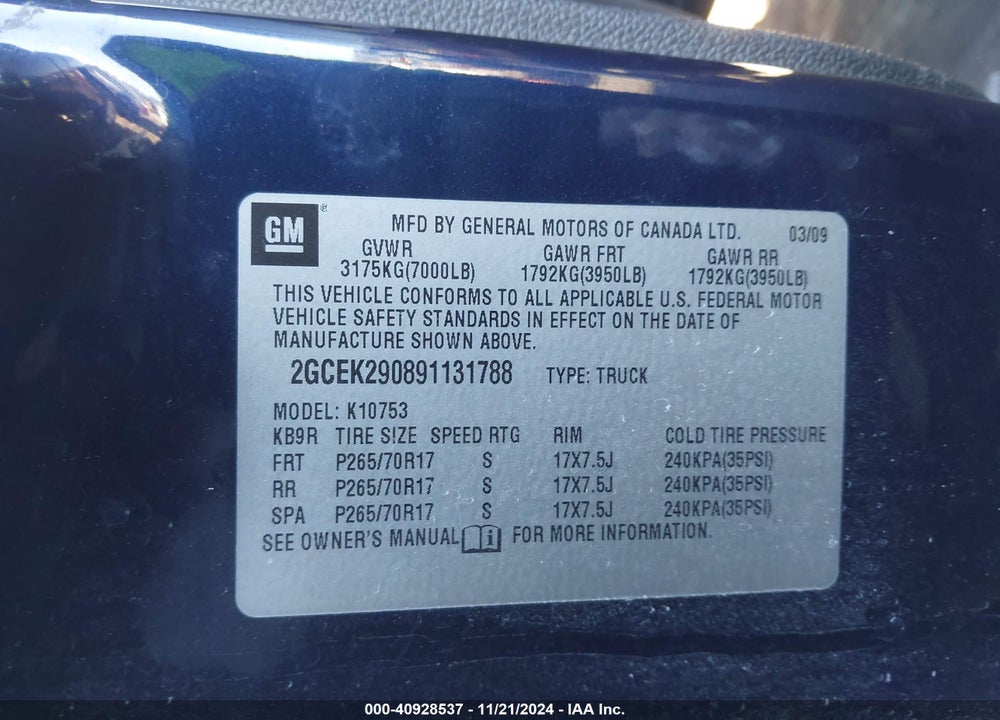 2009 CHEVROLET SILVERADO 1500 LT VIN: 2GCEK290891131788
