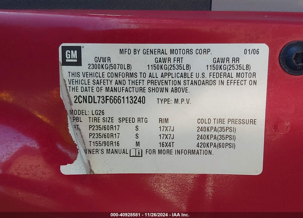 2006 CHEVROLET EQUINOX LT VIN: 2CNDL73F666113240
