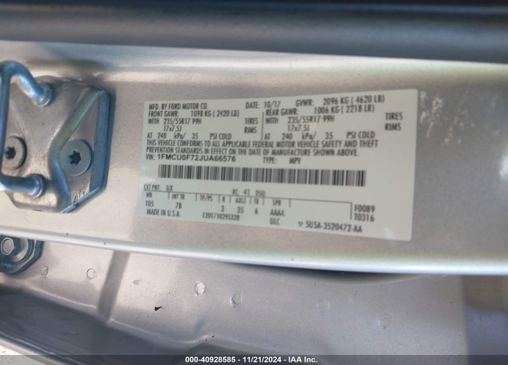 2018 FORD ESCAPE S VIN: 1FMCU0F72JUA66576