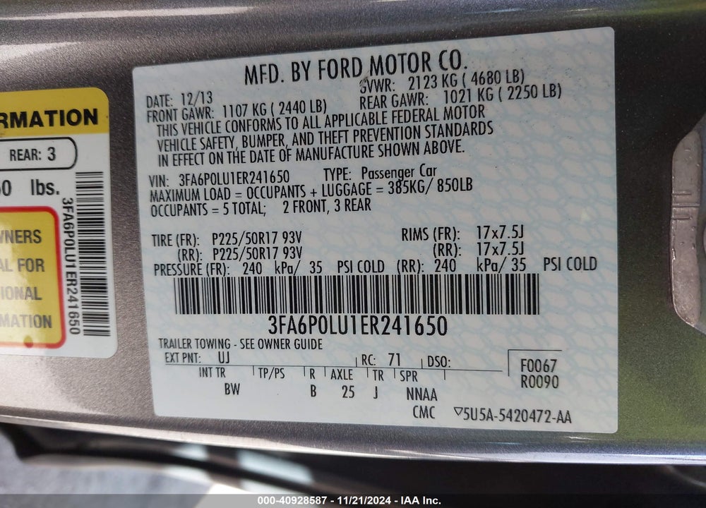 2014 FORD FUSION HYBRID SE VIN: 3FA6P0LU1ER241650