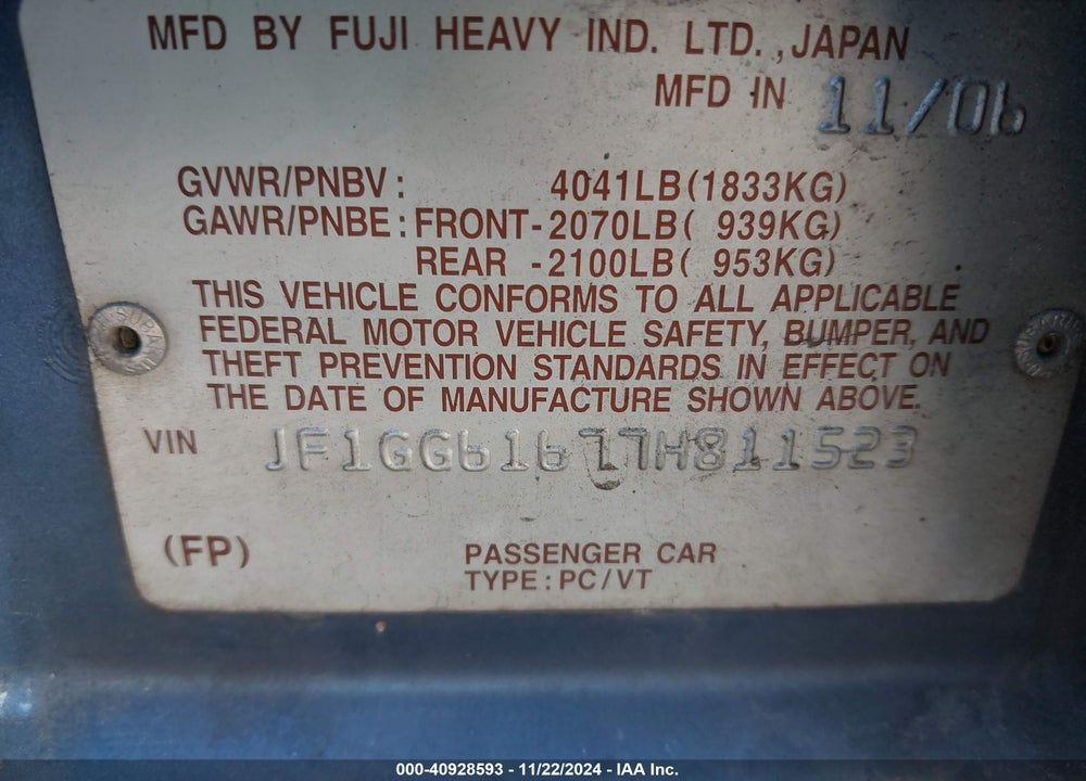 2007 SUBARU IMPREZA 2.5I VIN: JF1GG61677H811523
