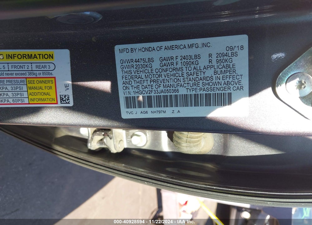 2018 HONDA ACCORD SPORT 2.0T VIN: 1HGCV2F33JA050366
