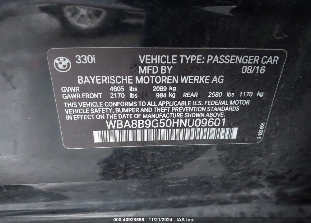 2017 BMW 330I VIN: WBA8B9G50HNU09601
