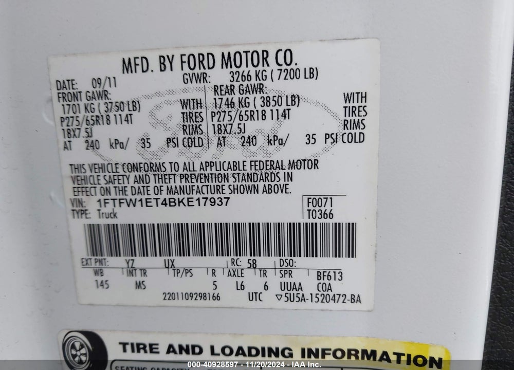 2011 FORD F-150 XLT VIN: 1FTFW1ET4BKE17937