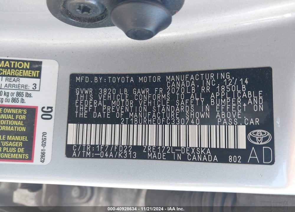 2015 TOYOTA COROLLA S VIN: 2T1BURHE0FC330740