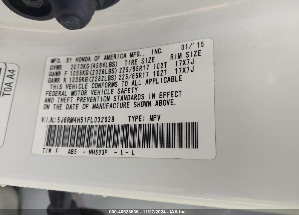 2015 HONDA CR-V EX VIN: 5J6RM4H51FL032038