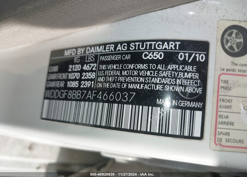 2010 MERCEDES-BENZ C 300 LUXURY 4MATIC/SPORT 4MATIC VIN: WDDGF8BB7AF466037
