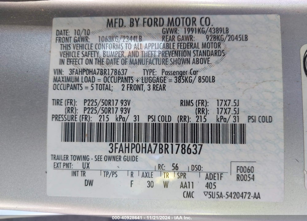 2011 FORD FUSION SE VIN: 3FAHP0HA7BR178637