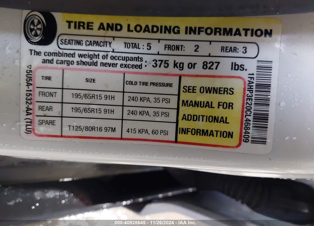 2012 FORD FOCUS VIN: 1FAHP3E20CL468409