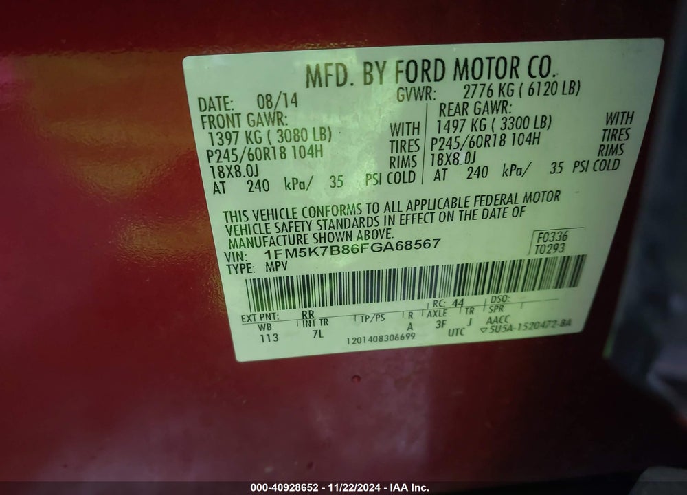 2015 FORD EXPLORER VIN: 1FM5K7B86FGA68567