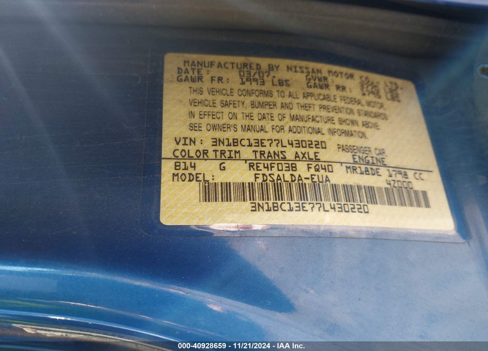 2007 NISSAN VERSA 1.8S VIN: 3N1BC13E77L430220