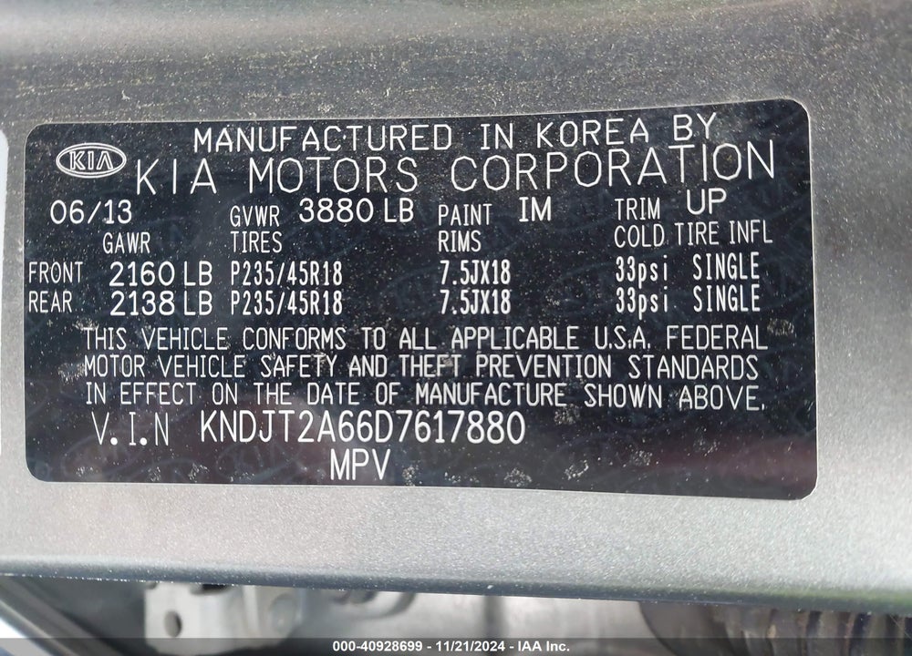 2013 KIA SOUL VIN: KNDJT2A66D7617880