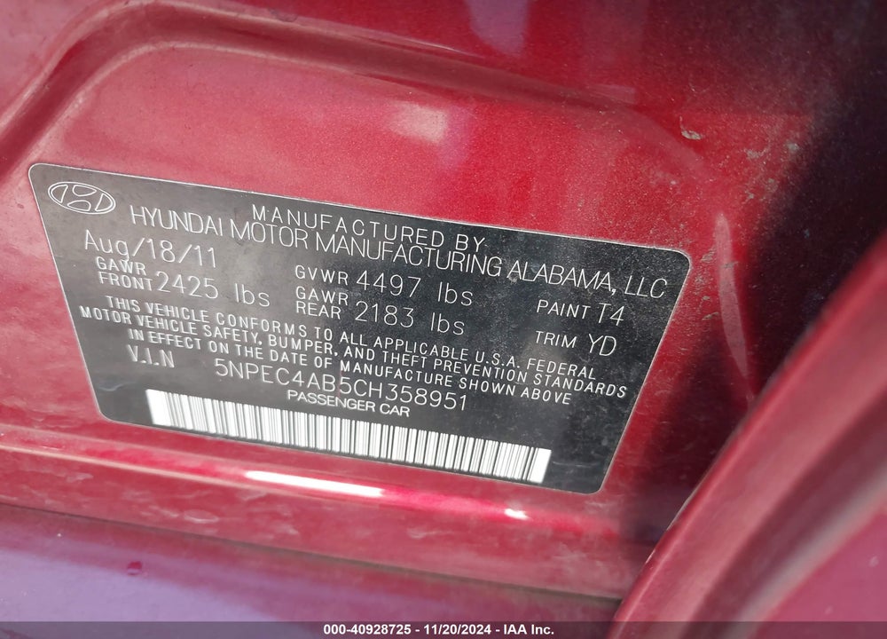 2012 HYUNDAI SONATA LIMITED 2.0T VIN: 5NPEC4AB5CH358951